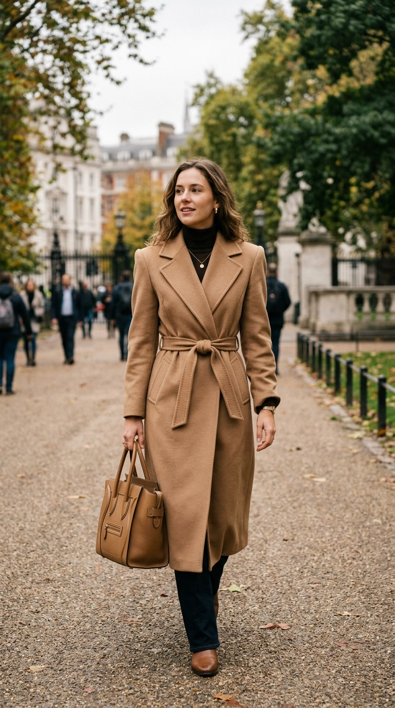 A woman in a London park wearing a long, belted camel hair coat with a structured shoulder and a cinched waist, holding a designer leather tote, photorealistic luxury editorial fashion street style, shot on 35mm lens, highly detailed, ultra-realistic, soft natural lighting, editorial aesthetic, no text or typography --ar 9:16