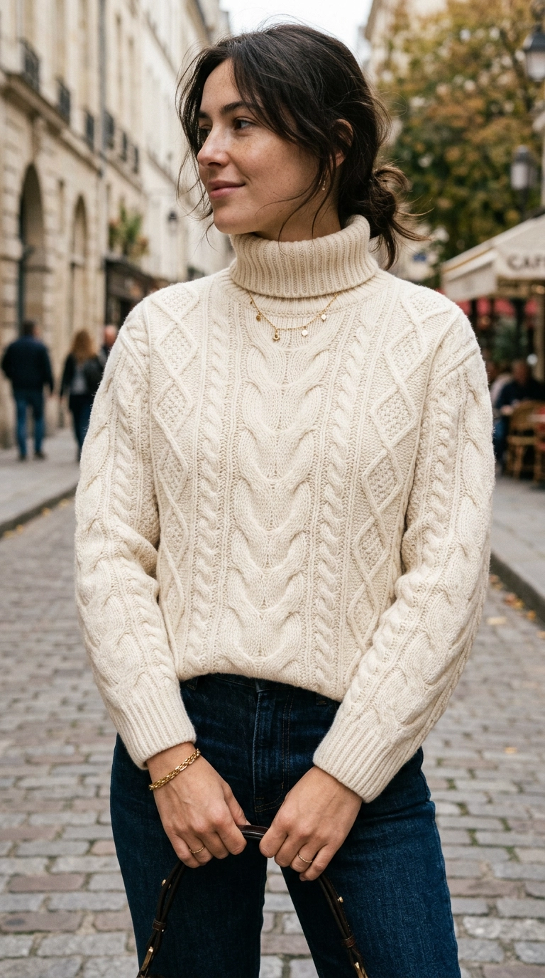 A detailed shot of a woman's torso wearing a thick, cream-colored 100% cashmere cable-knit sweater, rich texture, soft lighting, photorealistic luxury editorial fashion street style, shot on 35mm lens, highly detailed, ultra-realistic, soft natural lighting, editorial aesthetic, no text or typography --ar 9:16