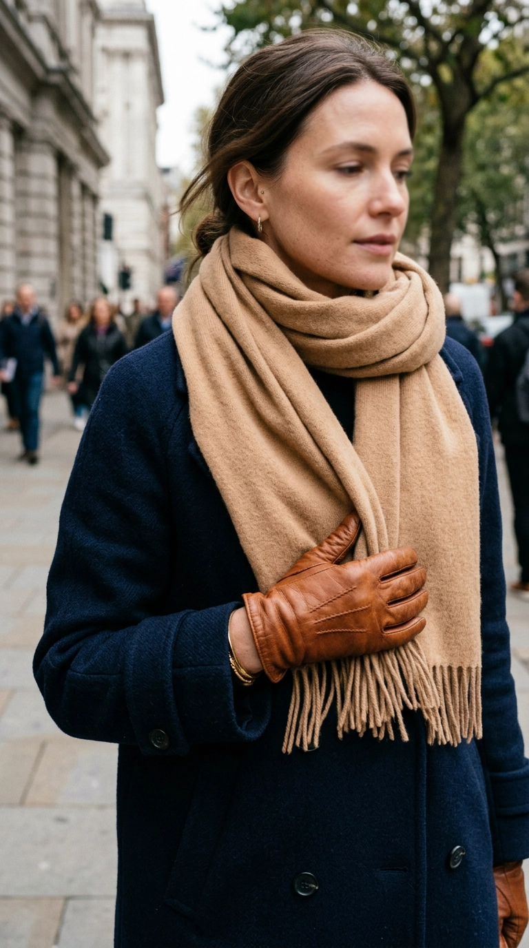 Close-up editorial shot of a woman's hands in high-quality cognac leather gloves tucked into the sleeves of a navy wool coat, a thick cashmere scarf wrapped elegantly around her neck, photorealistic luxury editorial fashion street style, shot on 35mm lens, highly detailed, ultra-realistic, soft natural lighting, editorial aesthetic, no text or typography --ar 9:16