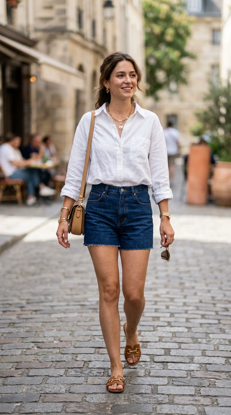 A woman wearing a sophisticated oversized white linen button-down shirt tucked into tailored denim shorts, accessorized with gold jewelry and leather sandals, photorealistic luxury editorial fashion street style, shot on 35mm lens, highly detailed, ultra-realistic, soft natural lighting, editorial aesthetic. No text or typography. --ar 9:16