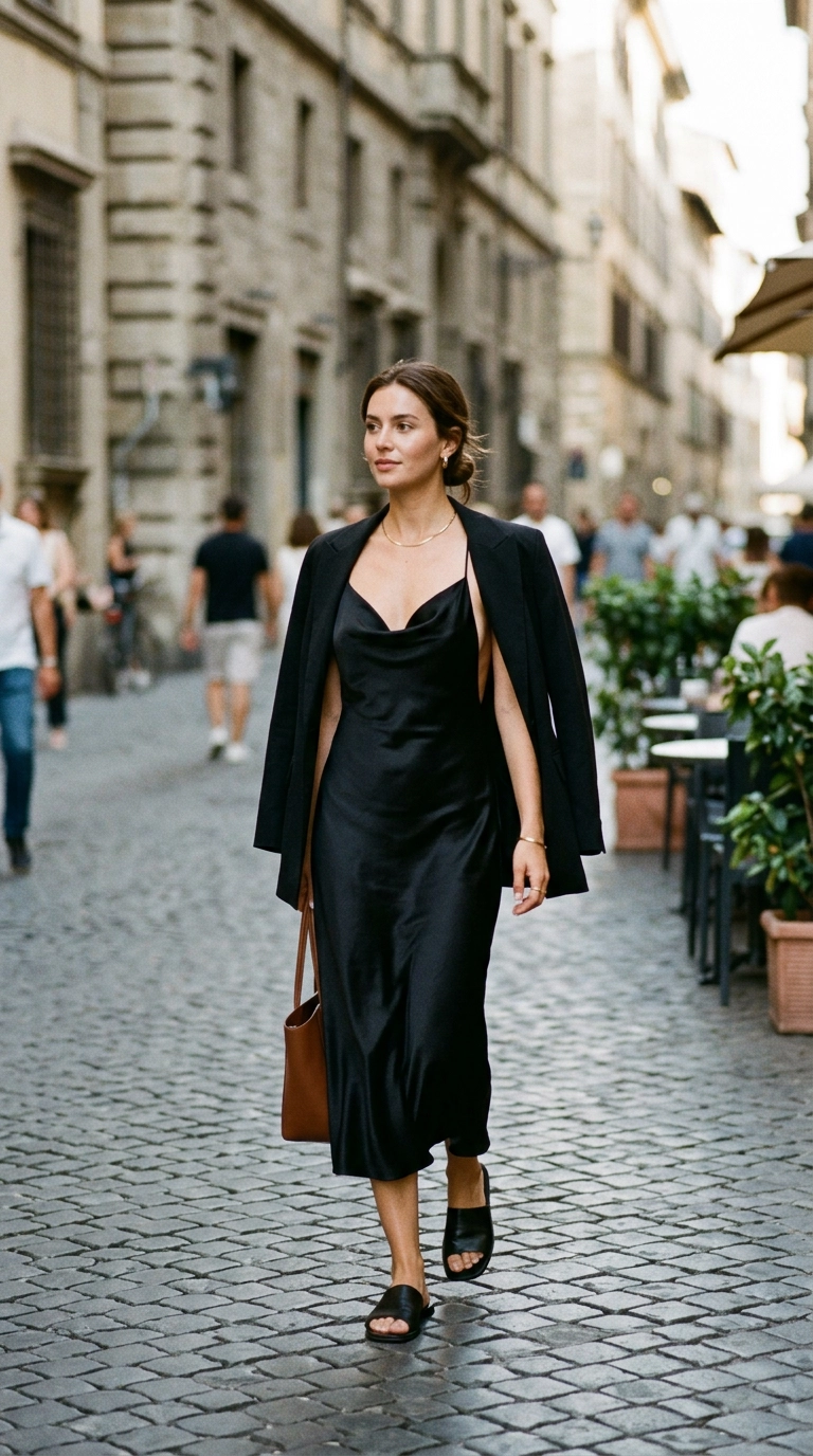A woman wearing a backless silk slip dress with perfect invisible support, showing smooth lines and elegant posture, photorealistic luxury editorial fashion street style, shot on 35mm lens, highly detailed, ultra-realistic, soft natural lighting, editorial aesthetic. No text or typography. --ar 9:16