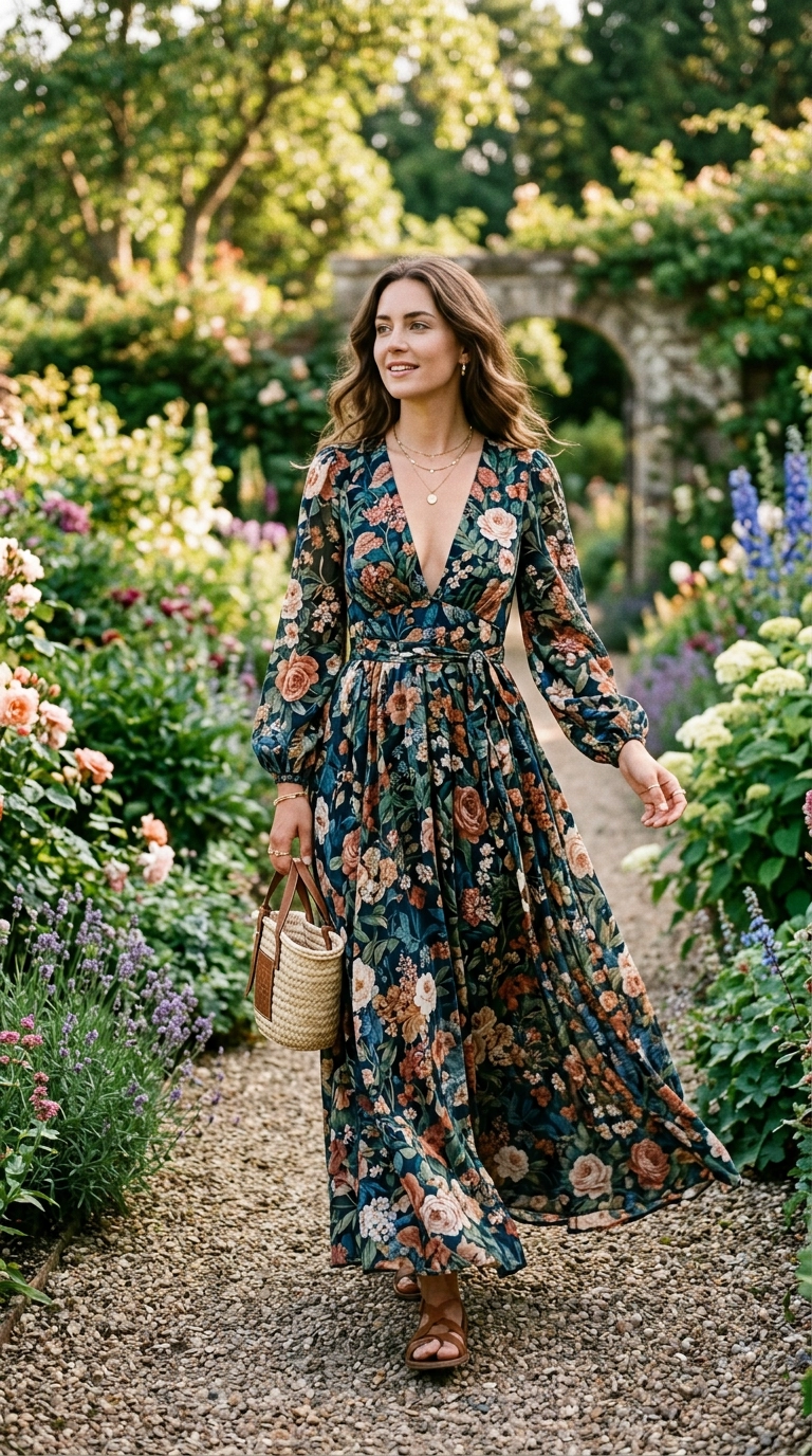 A woman in a stylish deep-V neck maxi dress with long sleeves in a floral print, walking through a garden, photorealistic luxury editorial fashion street style, shot on 35mm lens, highly detailed, ultra-realistic, soft natural lighting, editorial aesthetic. No text or typography. --ar 9:16