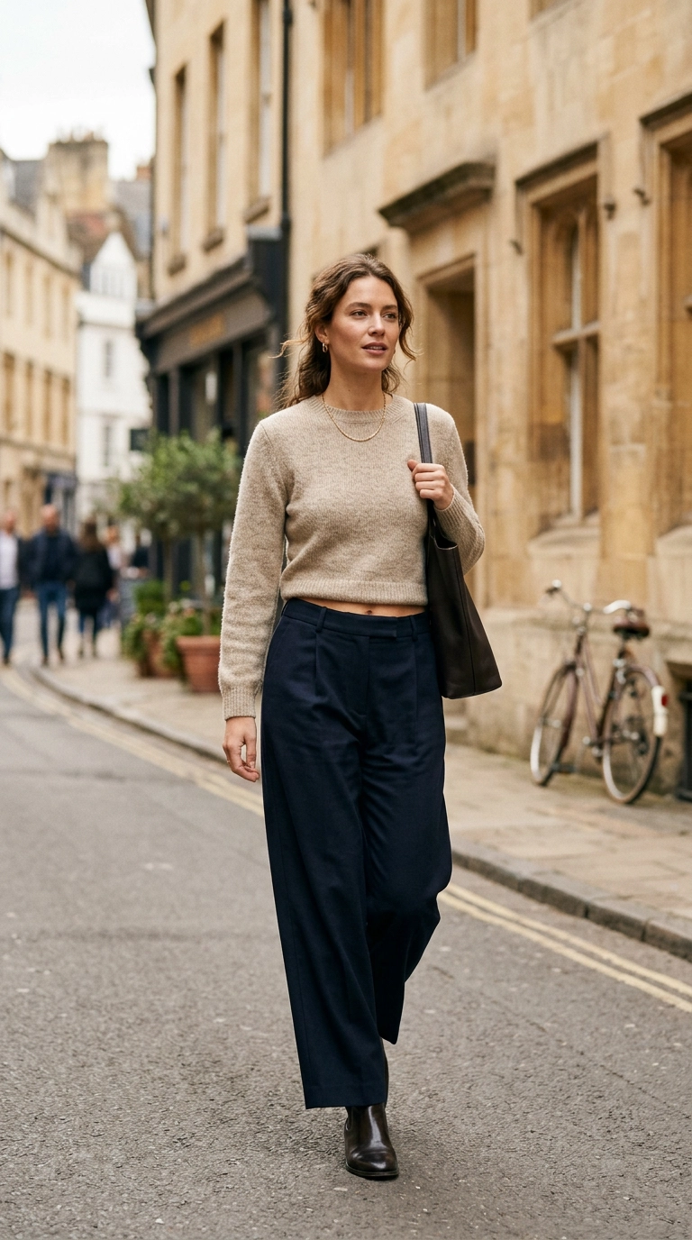 A woman wearing high-waisted wide-leg trousers with a modest cropped knit top, showing just a sliver of skin, photorealistic luxury editorial fashion street style, shot on 35mm lens, highly detailed, ultra-realistic, soft natural lighting, editorial aesthetic. No text or typography. --ar 9:16