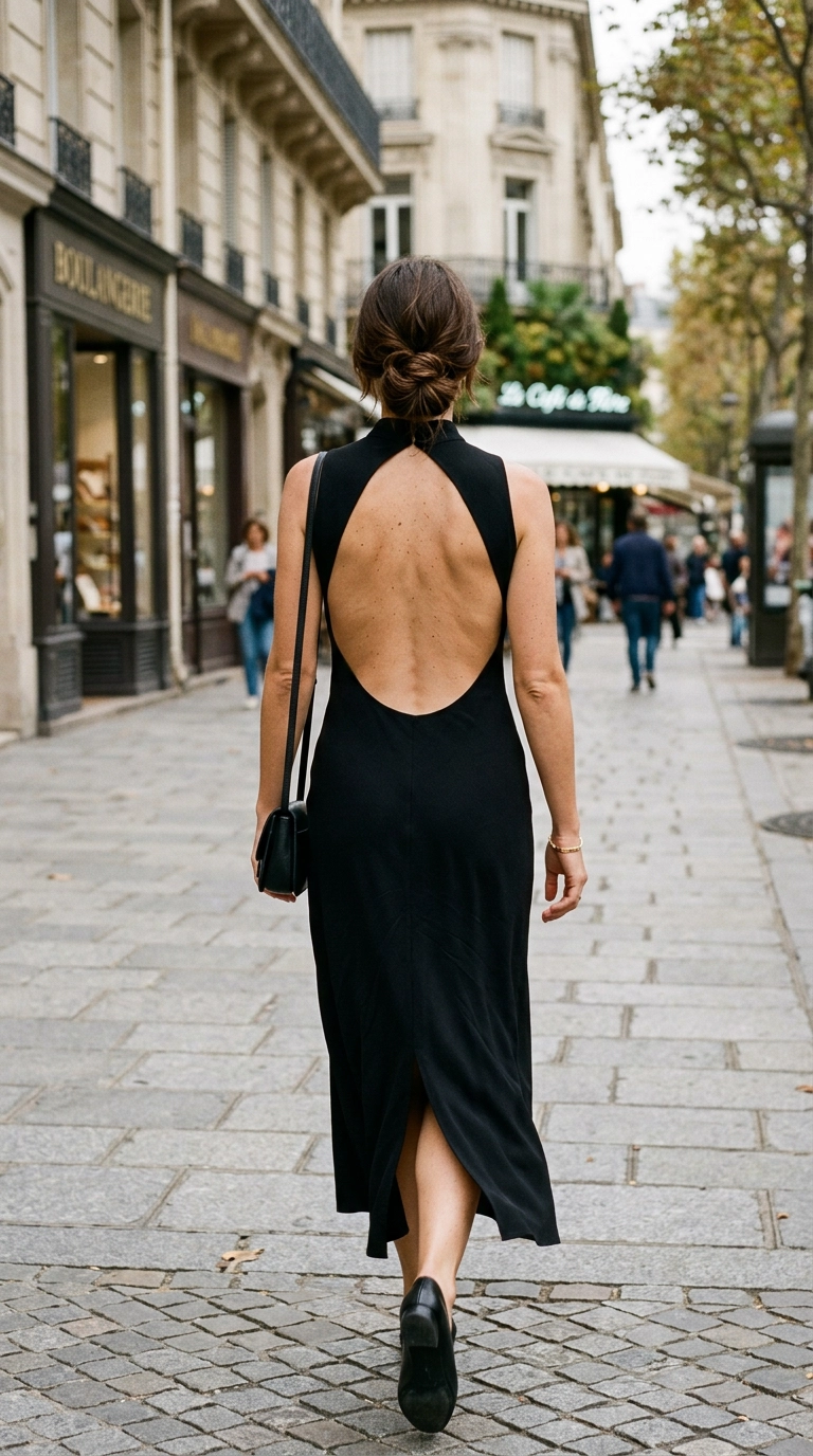 A woman viewed from the back wearing an elegant open-back dress that has a high neckline in the front, photorealistic luxury editorial fashion street style, shot on 35mm lens, highly detailed, ultra-realistic, soft natural lighting, editorial aesthetic. No text or typography. --ar 9:16