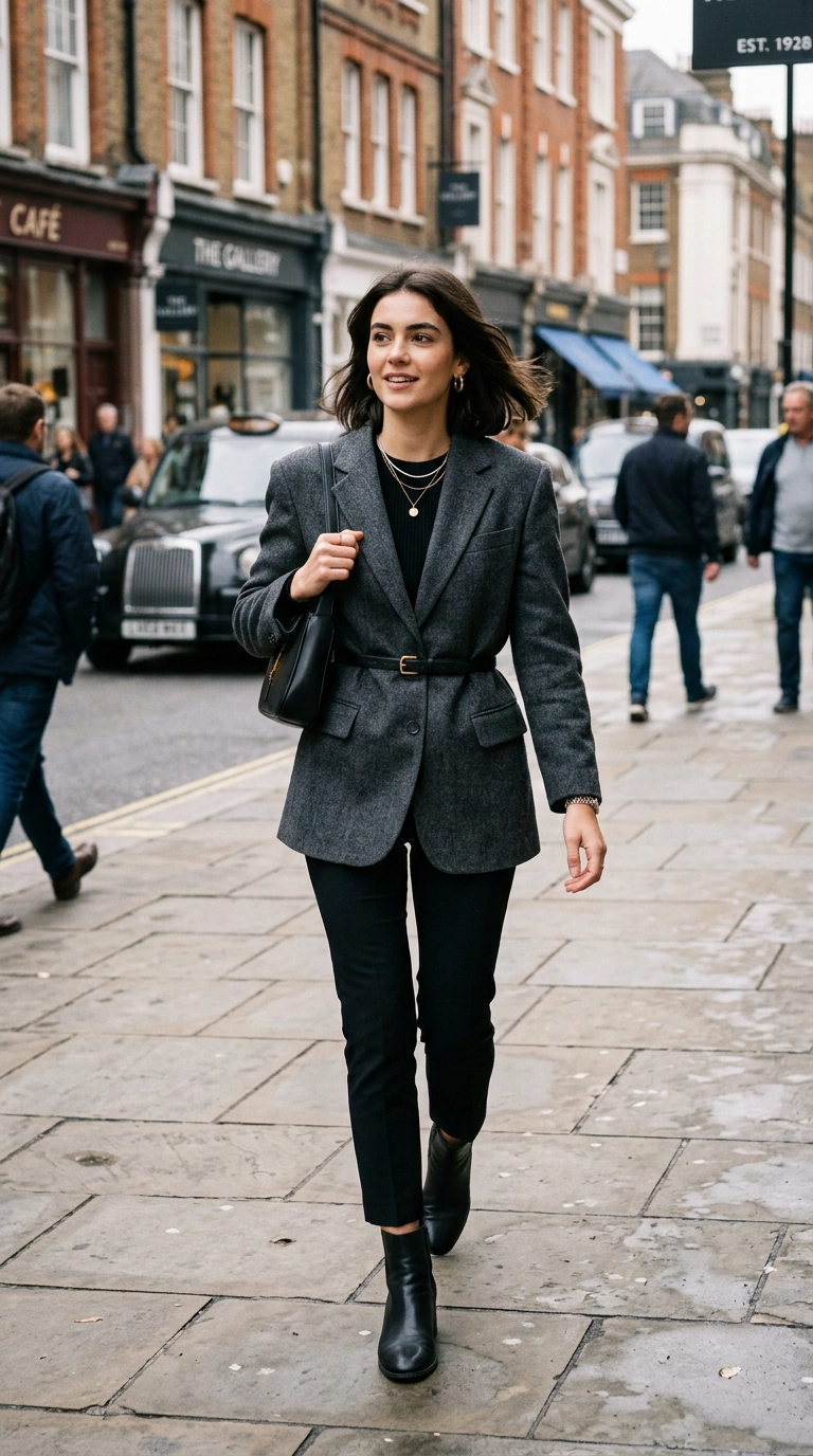 A woman wearing a structured oversized charcoal blazer cinched at the waist with a thin black leather belt, paired with slim trousers, urban backdrop, photorealistic luxury editorial fashion street style, shot on 35mm lens, highly detailed, ultra-realistic, soft natural lighting, editorial aesthetic, no text --ar 9:16