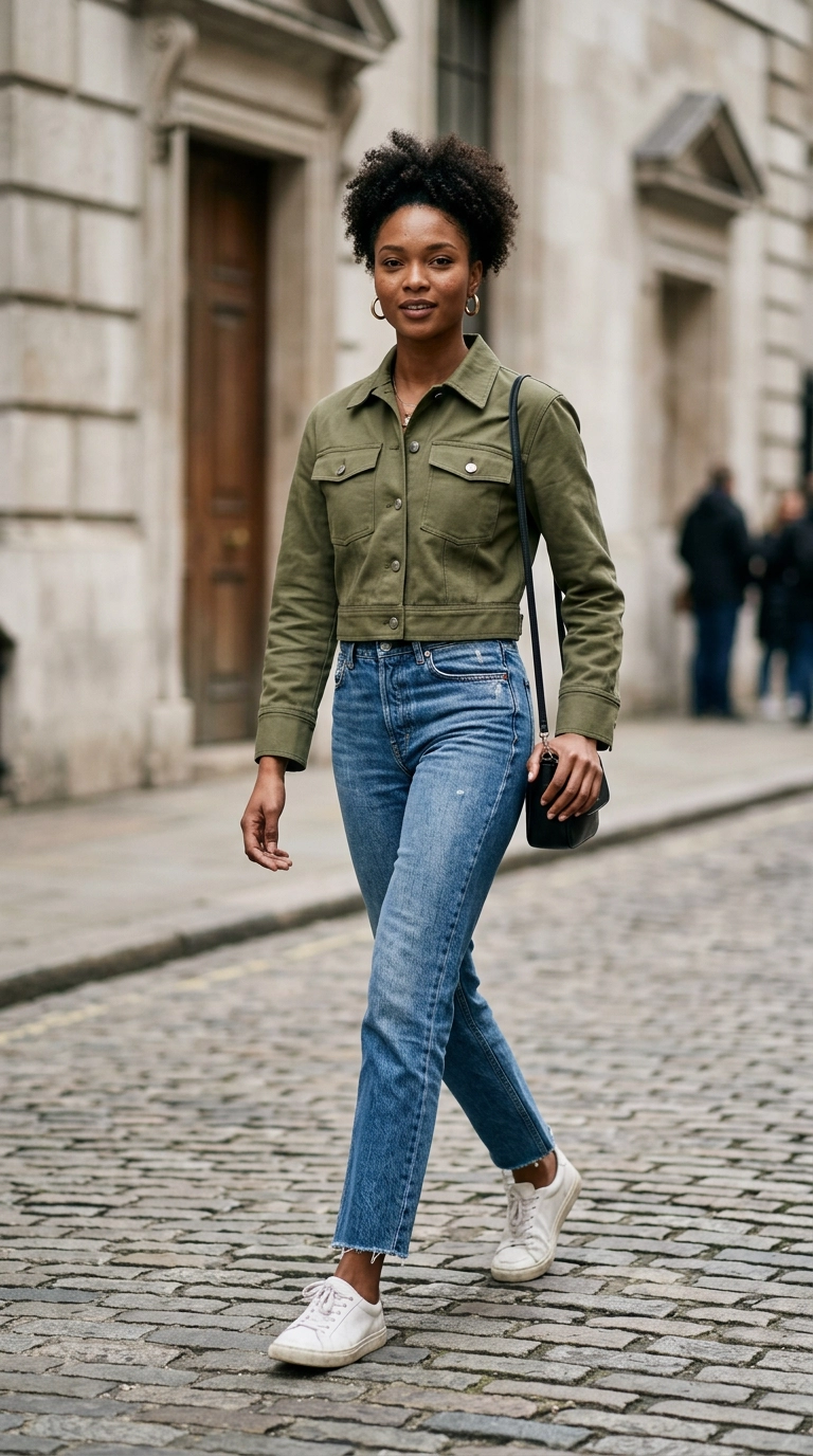 A high-fashion model wearing a cropped olive green utility jacket that ends exactly at the natural waistline, high-waisted straight-leg denim, minimalist background, photorealistic luxury editorial fashion street style, shot on 35mm lens, highly detailed, ultra-realistic, soft natural lighting, editorial aesthetic, no text --ar 9:16