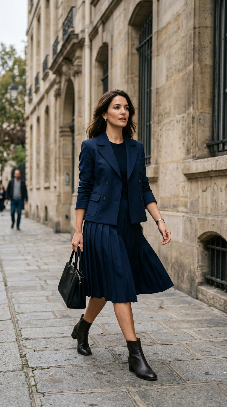 A woman wearing a lightweight structured navy twill jacket with a matching pleated skirt, walking past a stone building, photorealistic luxury editorial fashion street style, shot on 35mm lens, highly detailed, ultra-realistic, soft natural lighting, editorial aesthetic, no text --ar 9:16
