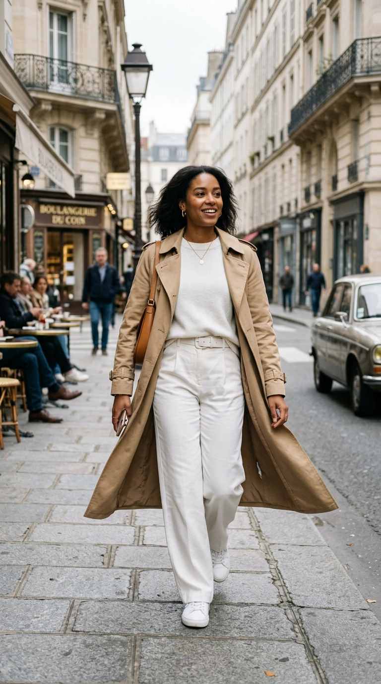 A woman wearing a longline tan trench coat left open, showing a monochromatic white outfit underneath, Paris street, photorealistic luxury editorial fashion street style, shot on 35mm lens, highly detailed, ultra-realistic, soft natural lighting, editorial aesthetic, no text --ar 9:16