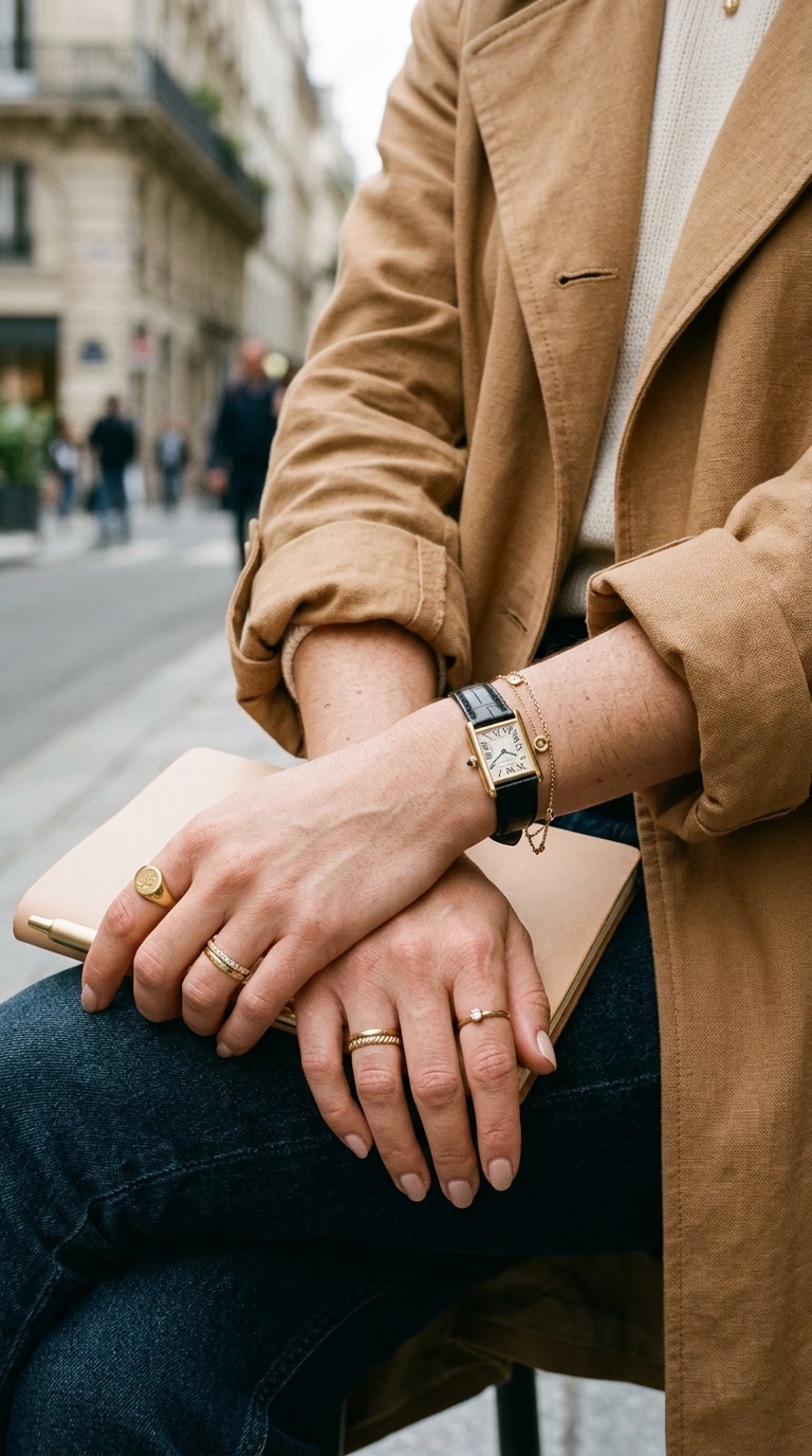 Close-up of a woman's hands wearing a tan spring coat with sleeves neatly rolled to the mid-forearm, showing gold rings and a watch, photorealistic luxury editorial fashion street style, shot on 35mm lens, highly detailed, ultra-realistic, soft natural lighting, editorial aesthetic, no text --ar 9:16