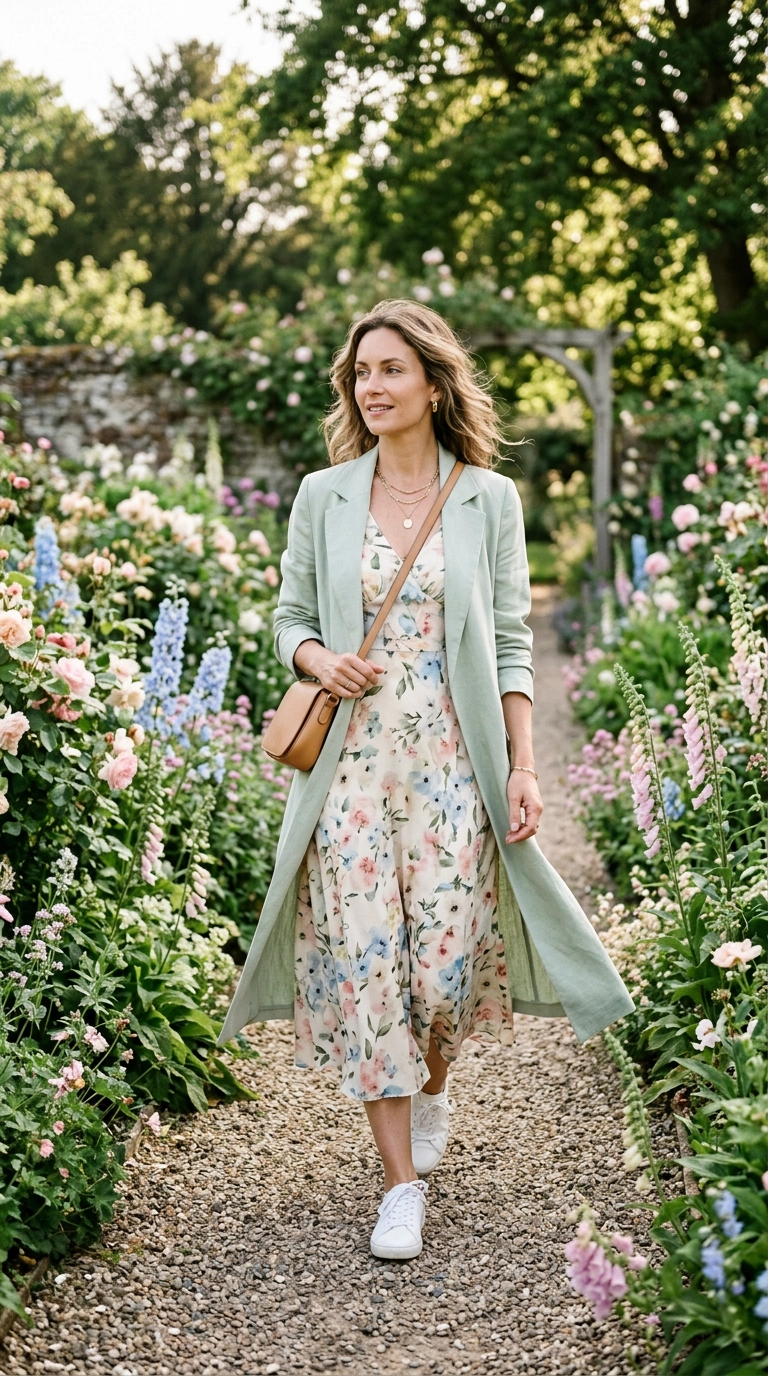 A woman wearing a midi floral dress with a matching length light duster coat in a soft pastel shade, garden setting, photorealistic luxury editorial fashion street style, shot on 35mm lens, highly detailed, ultra-realistic, soft natural lighting, editorial aesthetic, no text --ar 9:16