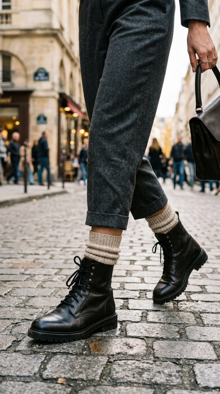 photorealistic luxury editorial fashion street style, shot on 35mm lens, highly detailed, ultra-realistic, soft natural lighting, editorial aesthetic, close-up of a woman wearing cropped wool trousers and sleek leather boots with thick ribbed wool socks filling the gap, no text, no typography --ar 9:16