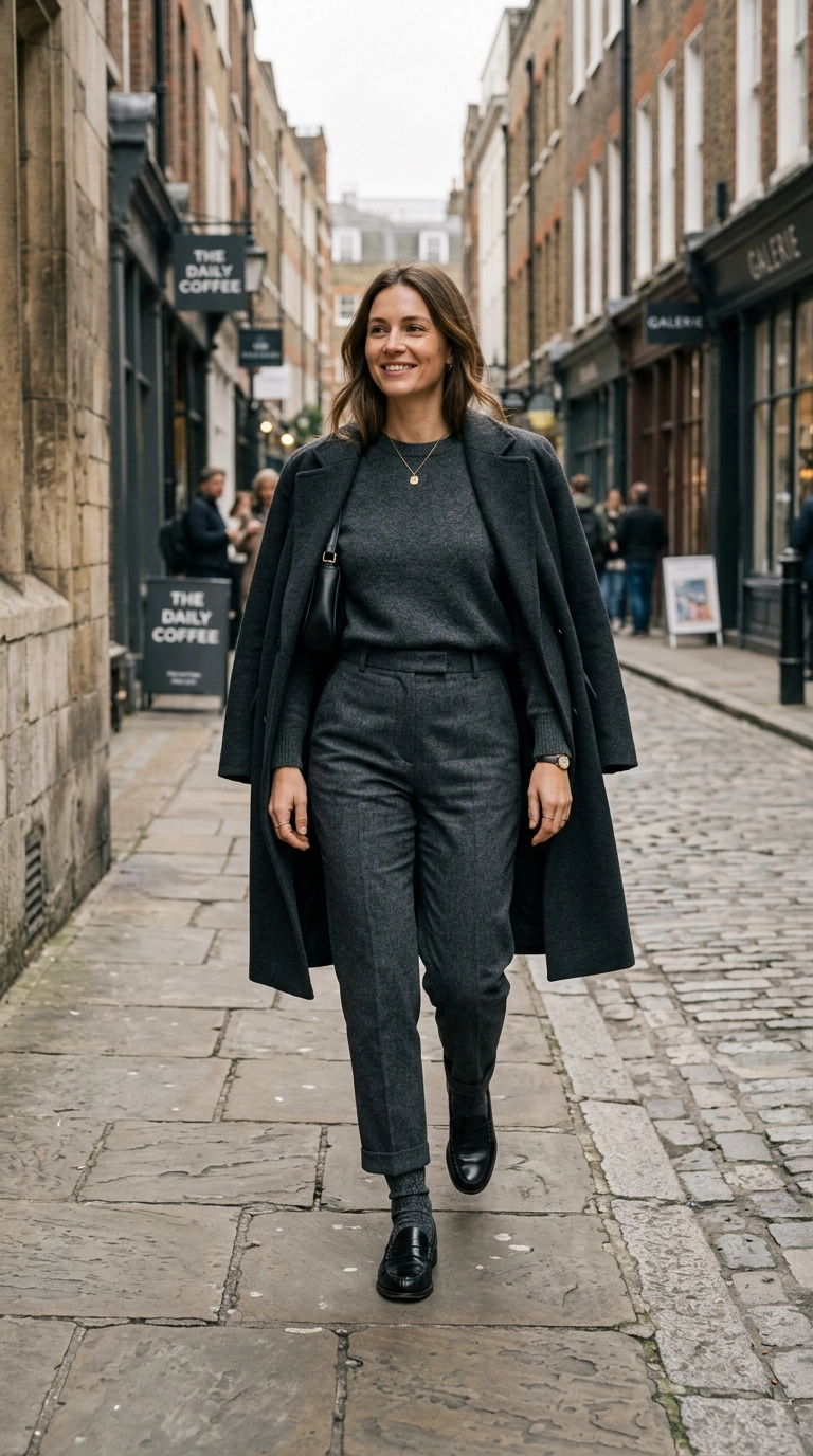 photorealistic luxury editorial fashion street style, shot on 35mm lens, highly detailed, ultra-realistic, soft natural lighting, editorial aesthetic, a woman wearing charcoal grey trousers, grey wool socks, and black leather loafers, monochrome styling, no text, no typography --ar 9:16