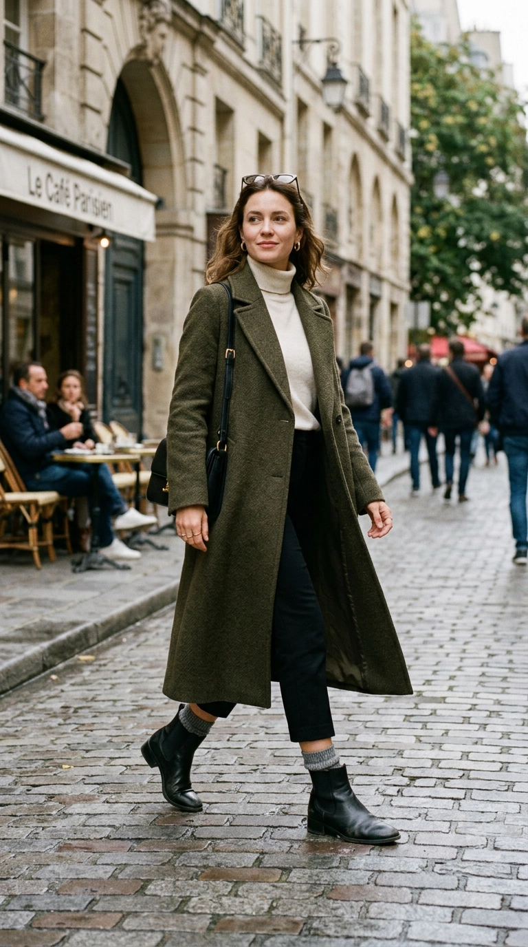 photorealistic luxury editorial fashion street style, shot on 35mm lens, highly detailed, ultra-realistic, soft natural lighting, editorial aesthetic, full body shot of a woman in a long coat and ankle boots with socks peeking out exactly two inches above the boot rim, no text, no typography --ar 9:16