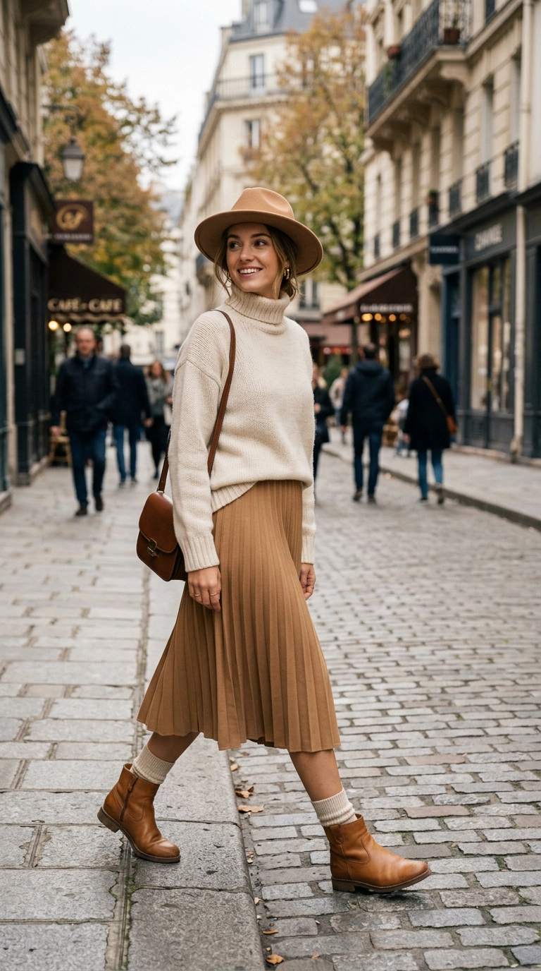 photorealistic luxury editorial fashion street style, shot on 35mm lens, highly detailed, ultra-realistic, soft natural lighting, editorial aesthetic, woman wearing a tan wool hat, cream sweater, and tan boots with cream socks, perfectly balanced colors, no text, no typography --ar 9:16