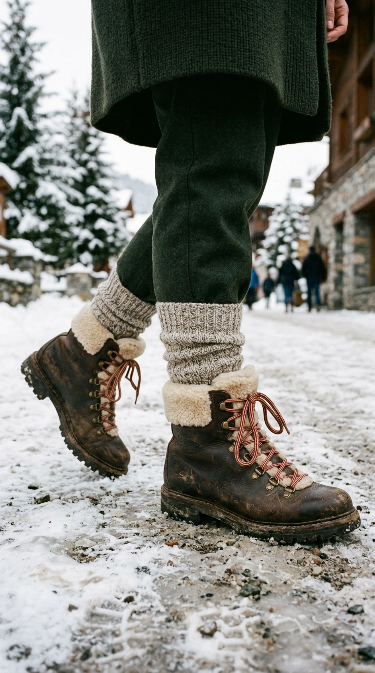 photorealistic luxury editorial fashion street style, shot on 35mm lens, highly detailed, ultra-realistic, soft natural lighting, editorial aesthetic, a close-up of heavy shearling-lined boots with thick marled wool socks, outdoor winter setting, no text, no typography --ar 9:16