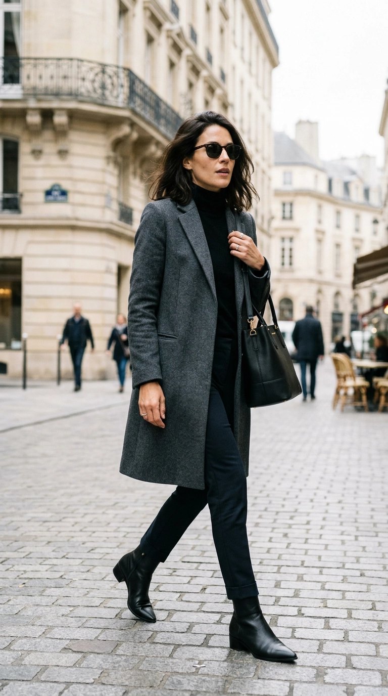 photorealistic luxury editorial fashion street style, shot on 35mm lens, highly detailed, ultra-realistic, soft natural lighting, editorial aesthetic, a woman wearing slim-fit pointed-toe boots and a tailored wool coat, sleek silhouette, no text, no typography --ar 9:16