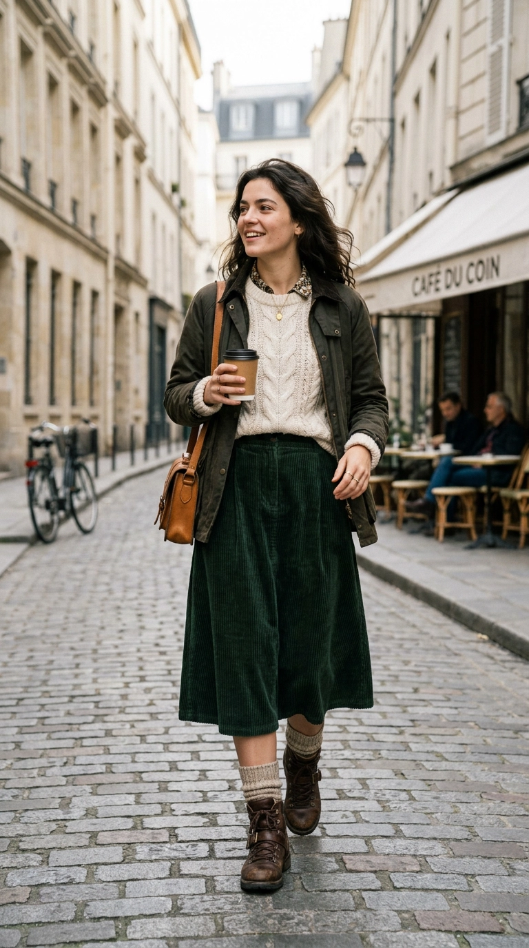 photorealistic luxury editorial fashion street style, shot on 35mm lens, highly detailed, ultra-realistic, soft natural lighting, editorial aesthetic, woman wearing a heavy corduroy skirt, chunky knit socks, and rugged leather boots, rich textures, no text, no typography --ar 9:16