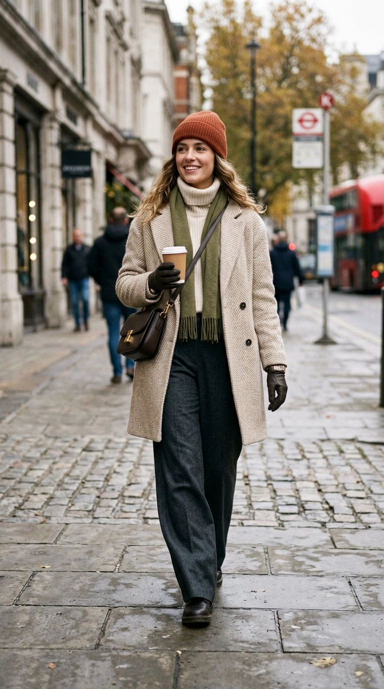 photorealistic luxury editorial fashion street style, shot on 35mm lens, highly detailed, ultra-realistic, soft natural lighting, editorial aesthetic, woman wearing long wide-leg trousers that perfectly cover the top of her boots, warm winter styling, no text, no typography --ar 9:16