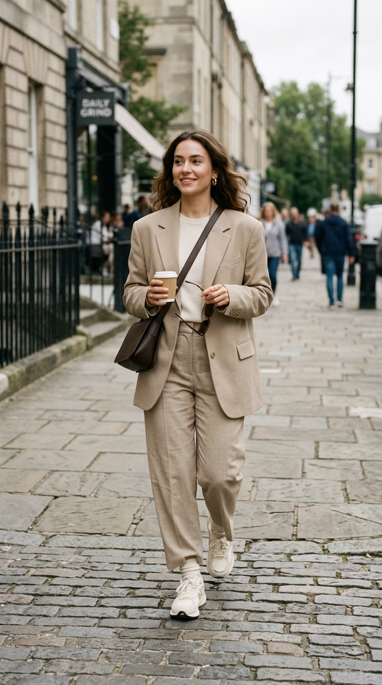 photorealistic luxury editorial fashion street style, shot on 35mm lens, highly detailed, ultra-realistic, soft natural lighting, editorial aesthetic, a woman wearing neutral-toned sneakers, beige trousers, and cream-colored ribbed socks, sophisticated casual, no text, no typography --ar 9:16