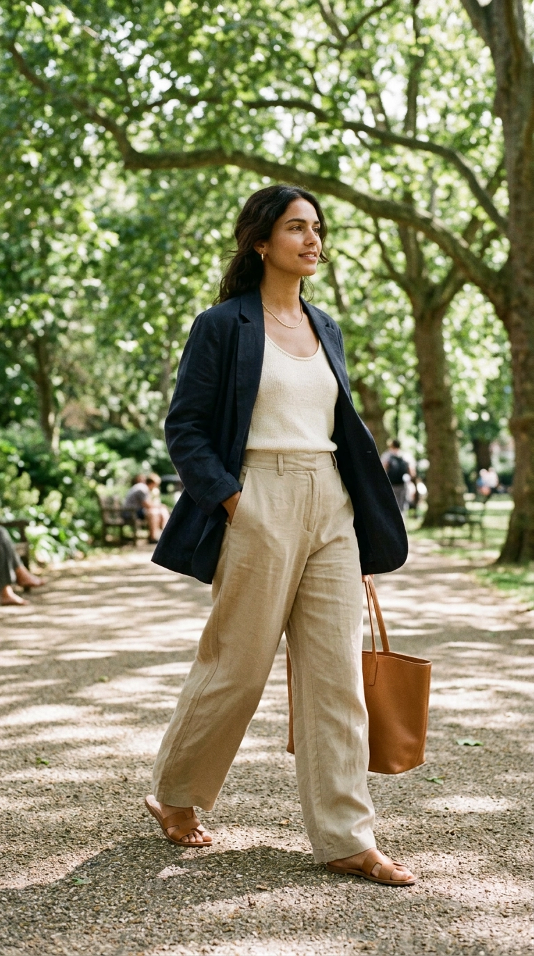 A model wearing wide-leg lightweight Tencel trousers in a sandy beige color, walking through a sunny park, photorealistic luxury editorial fashion street style, shot on 35mm lens, highly detailed, ultra-realistic, soft natural lighting, editorial aesthetic, no text --ar 9:16