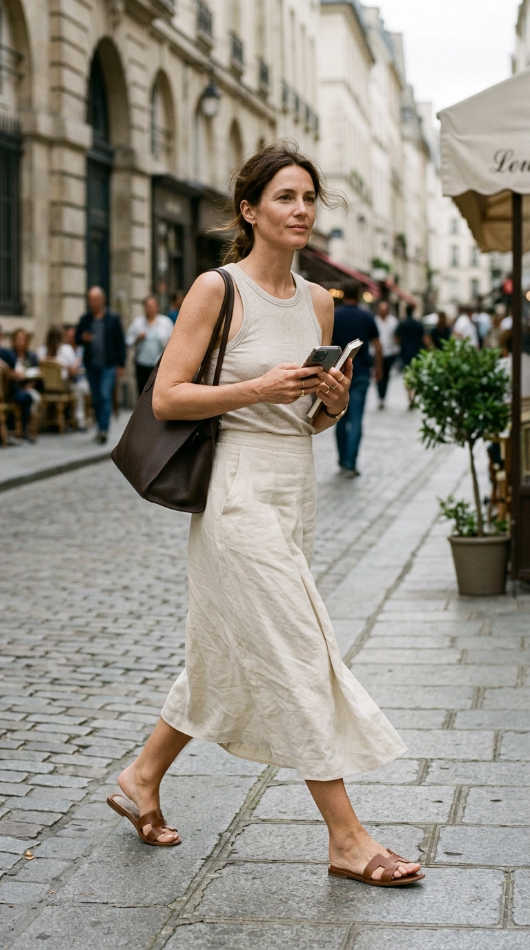 A fashion editor-style look featuring a loose-fitting linen midi skirt and a breathable cotton tank top, photorealistic luxury editorial fashion street style, shot on 35mm lens, highly detailed, ultra-realistic, soft natural lighting, editorial aesthetic, no text --ar 9:16