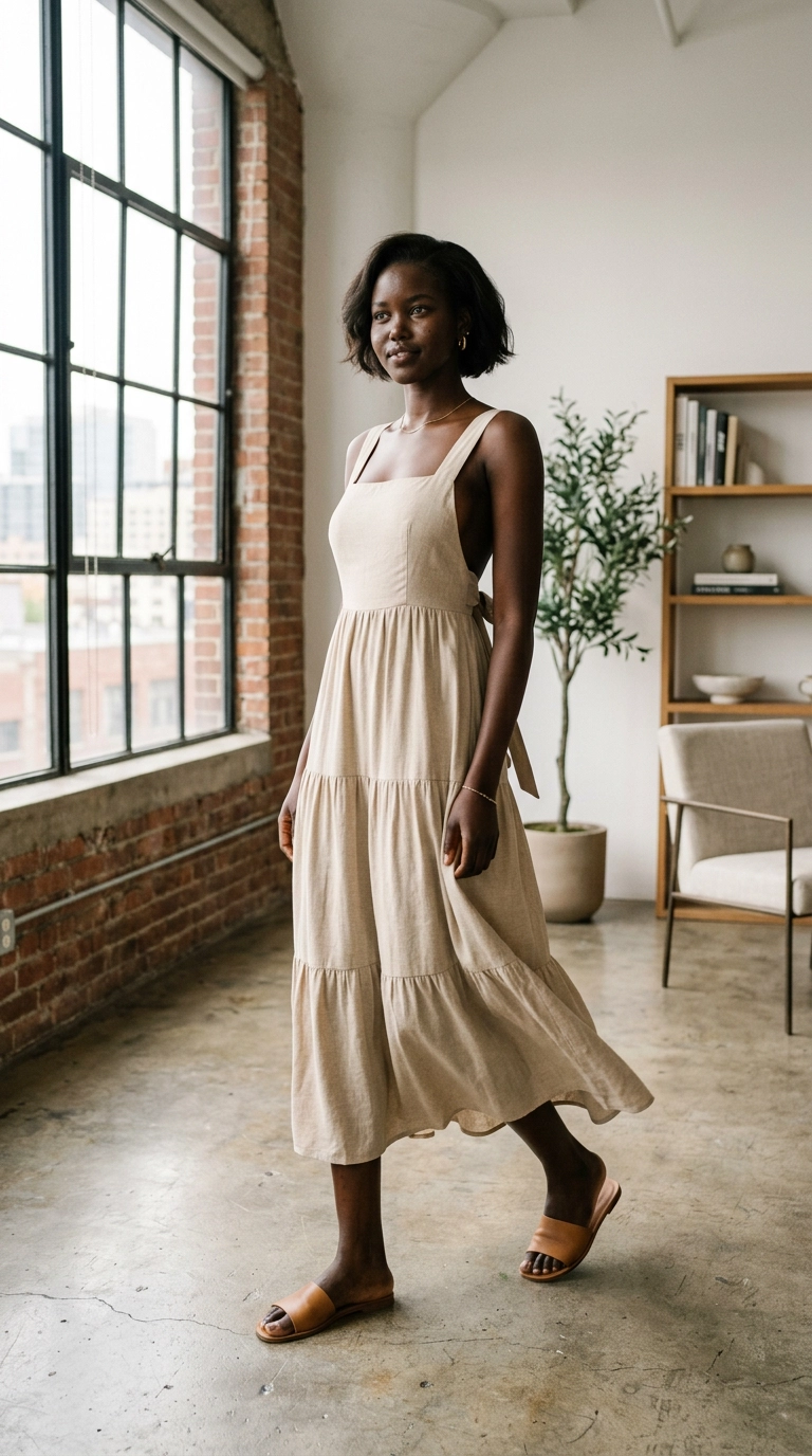 A high-fashion model wearing a breezy, high-quality viscose-linen blend sundress in a minimalist loft, photorealistic luxury editorial fashion street style, shot on 35mm lens, highly detailed, ultra-realistic, soft natural lighting, editorial aesthetic, no text --ar 9:16