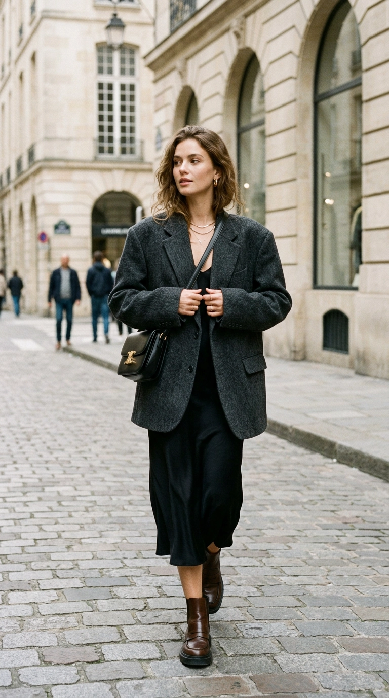 photorealistic luxury editorial fashion street style, shot on 35mm lens, highly detailed, ultra-realistic, soft natural lighting, editorial aesthetic, woman wearing an oversized wool blazer over a sleek silk slip dress, contrasting proportions, full body shot, no text --ar 9:16
