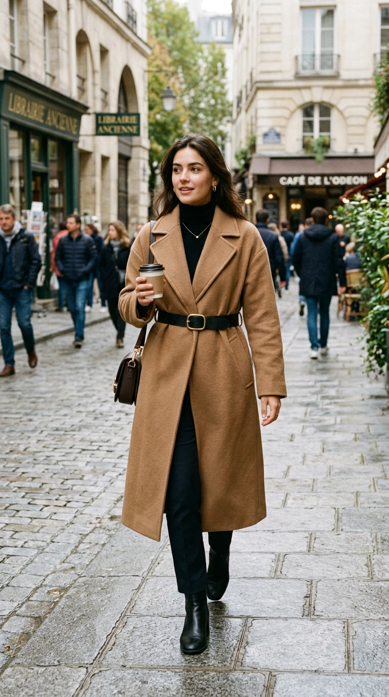 photorealistic luxury editorial fashion street style, shot on 35mm lens, highly detailed, ultra-realistic, soft natural lighting, editorial aesthetic, woman wearing a long wool coat with a leather belt cinching the waist, street style shot, no text --ar 9:16