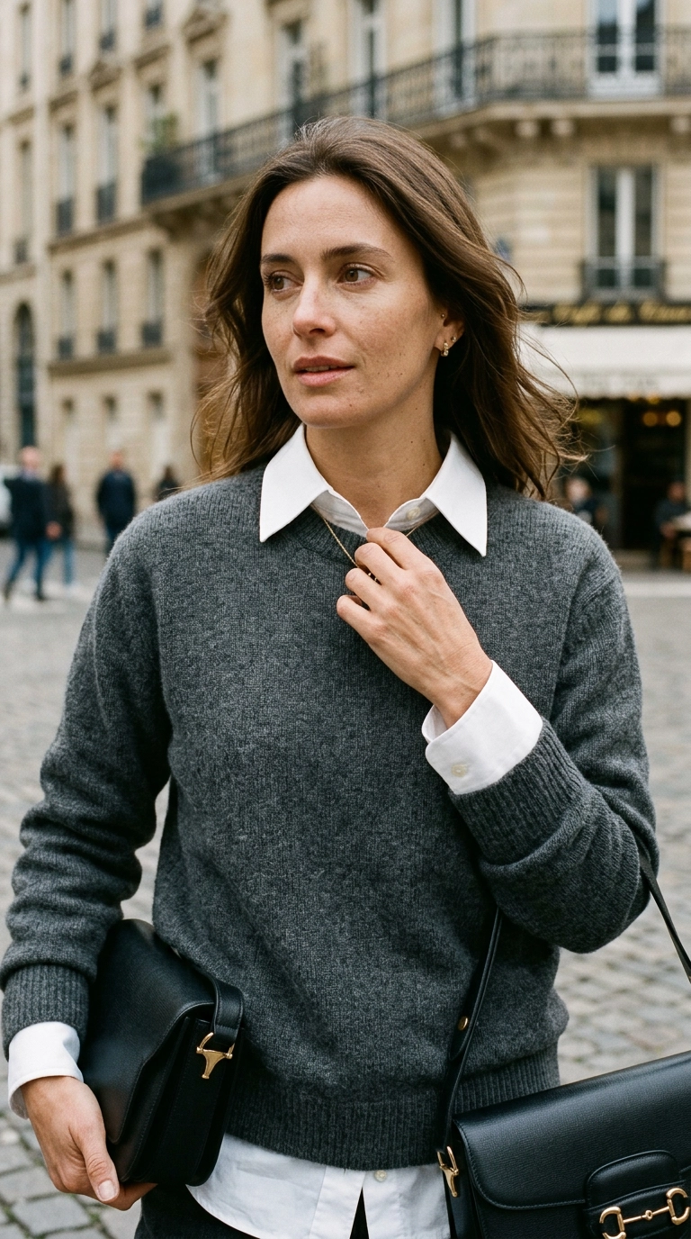 photorealistic luxury editorial fashion street style, shot on 35mm lens, highly detailed, ultra-realistic, soft natural lighting, editorial aesthetic, close up of high-quality cashmere layered over a crisp cotton shirt, texture detail, no text --ar 9:16