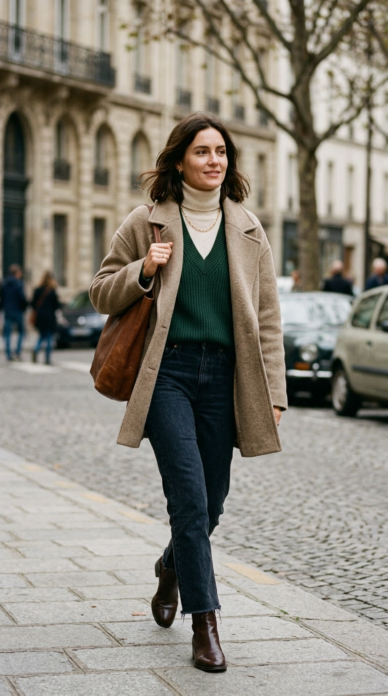 photorealistic luxury editorial fashion street style, shot on 35mm lens, highly detailed, ultra-realistic, soft natural lighting, editorial aesthetic, woman wearing a layered turtleneck under a V-neck sweater and structured coat, no text --ar 9:16