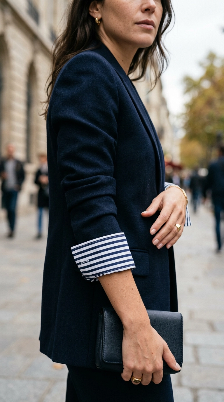 photorealistic luxury editorial fashion street style, shot on 35mm lens, highly detailed, ultra-realistic, soft natural lighting, editorial aesthetic, close up of a woman's arm showing a striped cuff peeking perfectly from a blazer sleeve, no text --ar 9:16