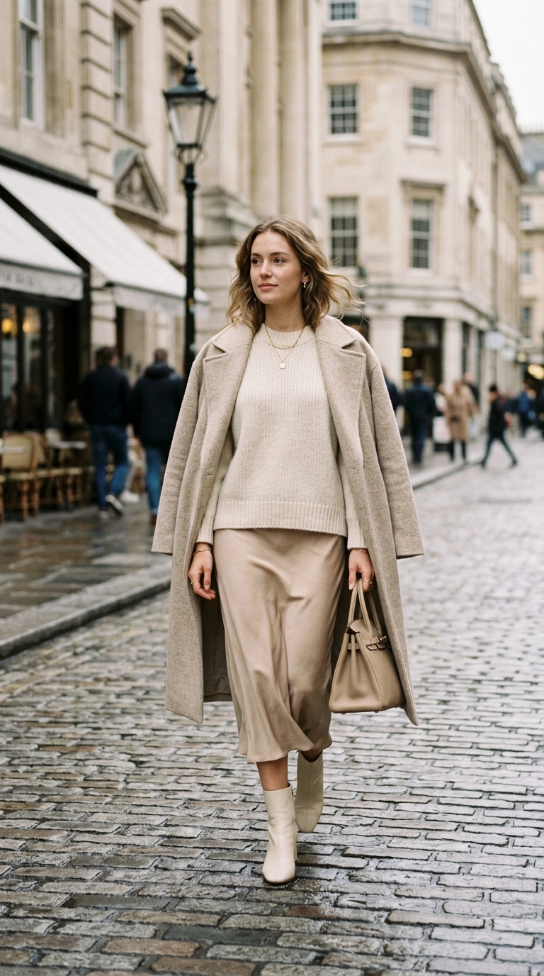 photorealistic luxury editorial fashion street style, shot on 35mm lens, highly detailed, ultra-realistic, soft natural lighting, editorial aesthetic, woman in a monochromatic beige and cream layered outfit, luxury textures, no text --ar 9:16