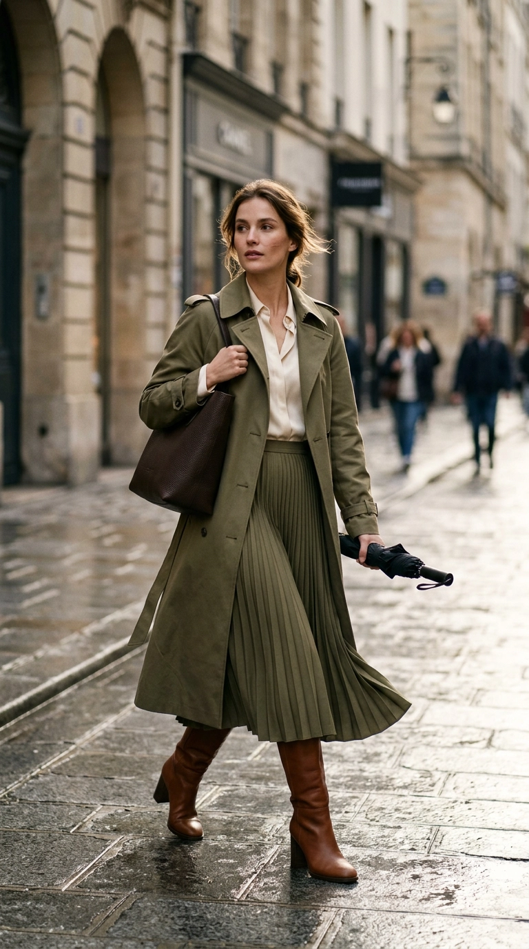 photorealistic luxury editorial fashion street style, shot on 35mm lens, highly detailed, ultra-realistic, soft natural lighting, editorial aesthetic, woman wearing a midi skirt with a long trench coat of the same length, elegant silhouette, no text --ar 9:16