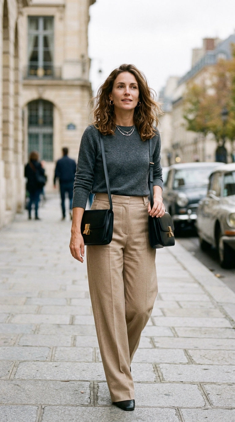 photorealistic luxury editorial fashion street style, shot on 35mm lens, highly detailed, ultra-realistic, soft natural lighting, editorial aesthetic, woman wearing high-waisted trousers with a smoothly tucked sweater, clean lines, no text --ar 9:16