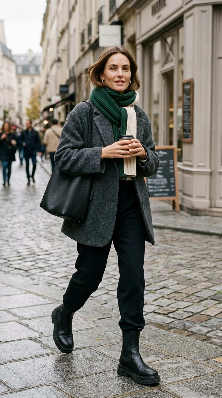 photorealistic luxury editorial fashion street style, shot on 35mm lens, highly detailed, ultra-realistic, soft natural lighting, editorial aesthetic, woman wearing heavy lug-sole boots with a thick wool coat and scarf, balanced outfit, no text --ar 9:16