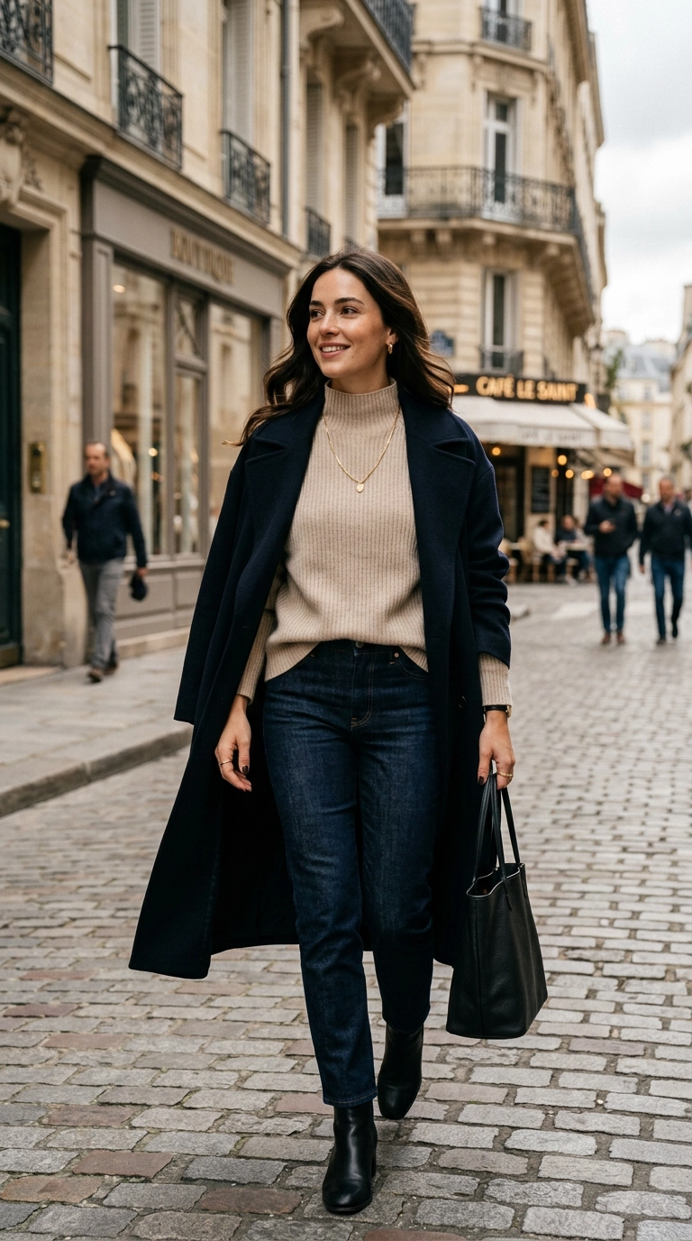 photorealistic luxury editorial fashion street style, shot on 35mm lens, highly detailed, ultra-realistic, soft natural lighting, editorial aesthetic, woman wearing a simple gold necklace over a high-neck knit, minimal elegant accessories, no text --ar 9:16