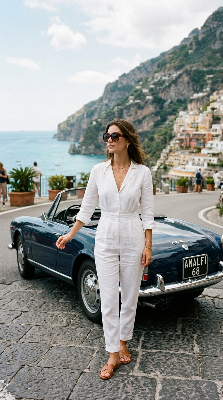 photorealistic luxury editorial fashion street style, shot on 35mm lens, highly detailed, ultra-realistic, soft natural lighting, editorial aesthetic. A woman standing next to a vintage car in the Amalfi Coast, wearing a perfectly tailored white linen jumpsuit and oversized sunglasses. No text. --ar 9:16