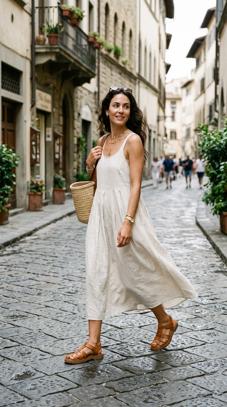 photorealistic luxury editorial fashion street style, shot on 35mm lens, highly detailed, ultra-realistic, soft natural lighting, editorial aesthetic. A woman exploring a cobblestone street wearing stylish leather fisherman sandals and a breezy sun dress. No text. --ar 9:16