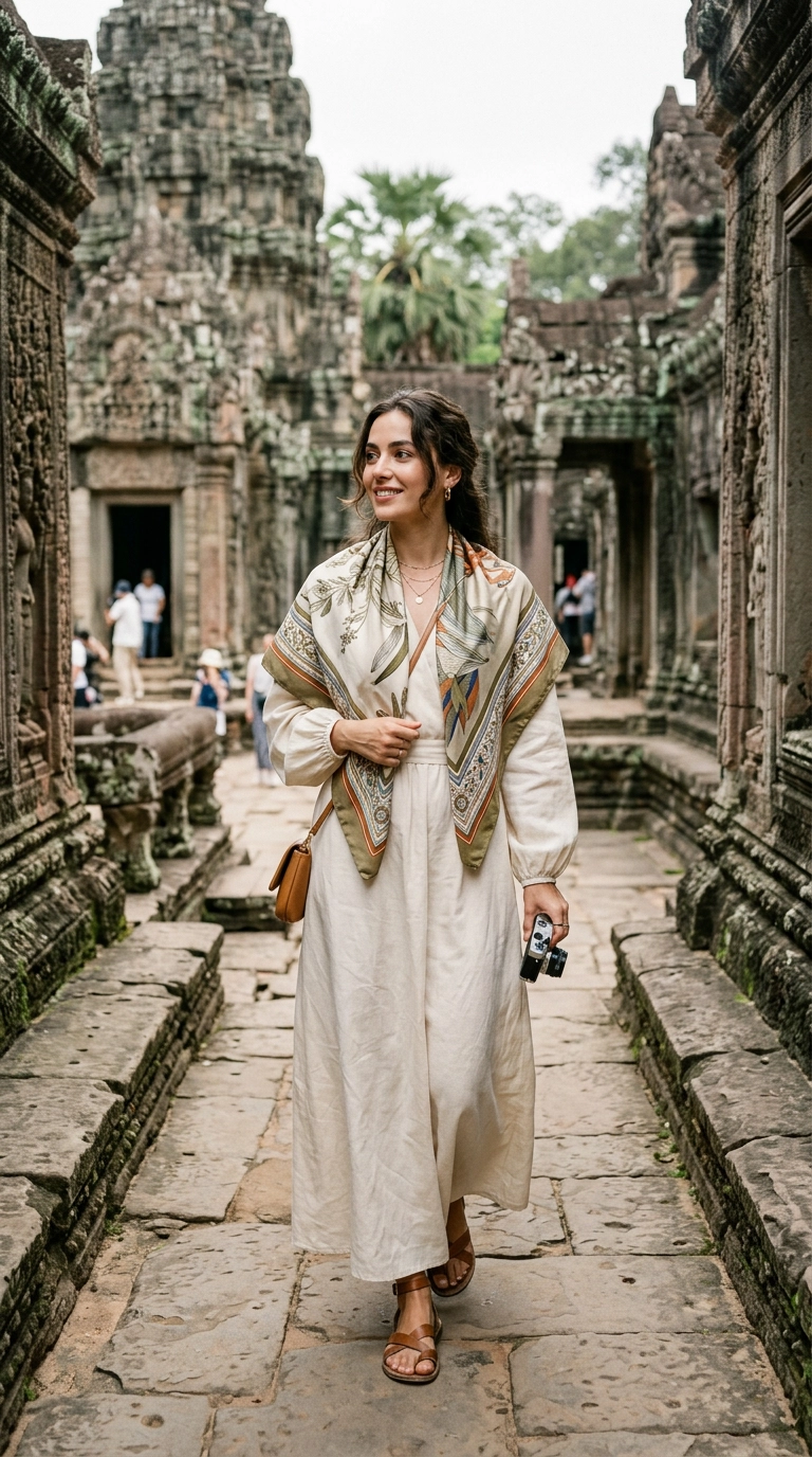 photorealistic luxury editorial fashion street style, shot on 35mm lens, highly detailed, ultra-realistic, soft natural lighting, editorial aesthetic. A woman elegantly draped in a light silk scarf over her shoulders visiting an ancient temple, wearing a modest yet chic maxi dress. No text. --ar 9:16