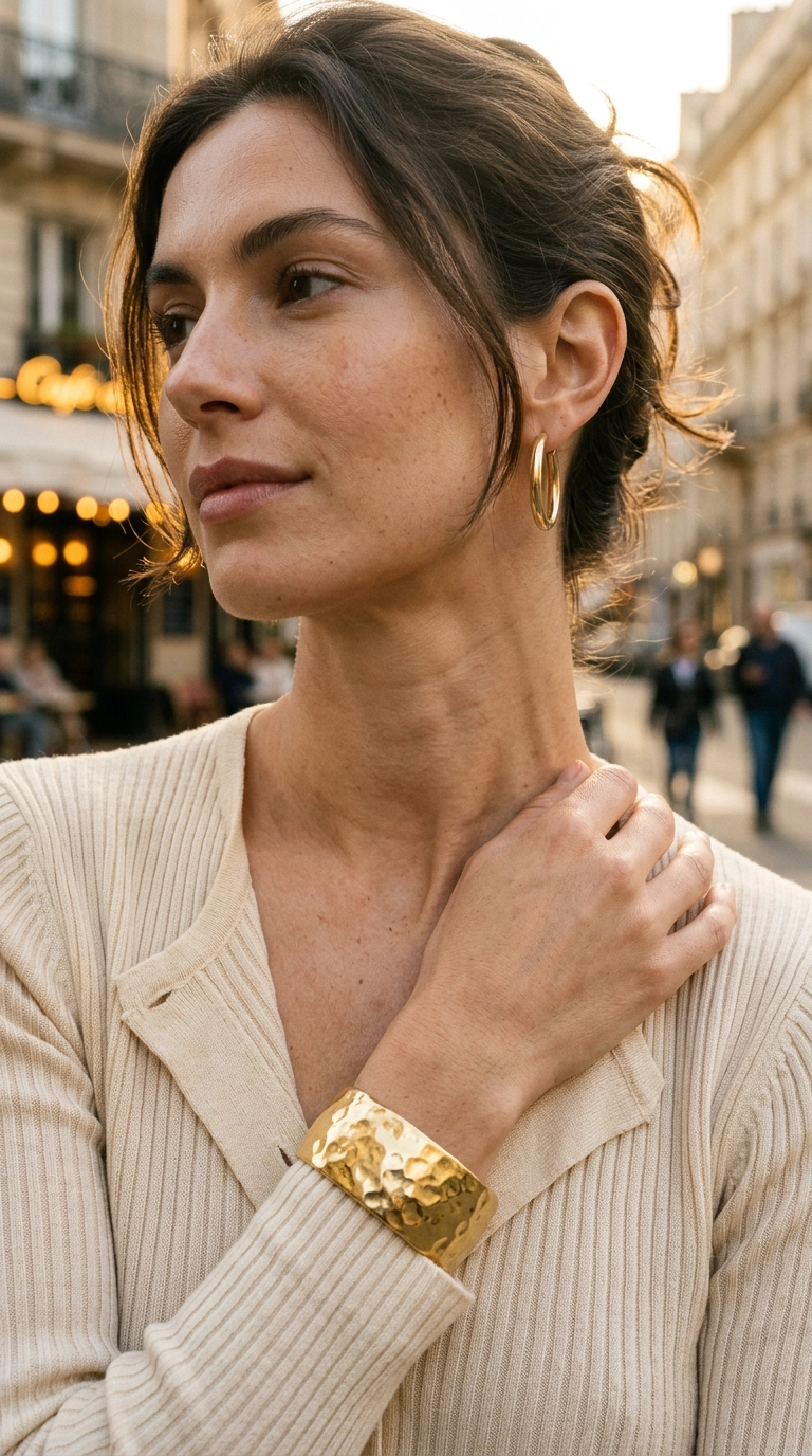 photorealistic luxury editorial fashion street style, shot on 35mm lens, highly detailed, ultra-realistic, soft natural lighting, editorial aesthetic. Detail shot of a woman's neck and shoulders, wearing a single bold gold cuff and simple hoop earrings, basking in golden hour light. No text. --ar 9:16