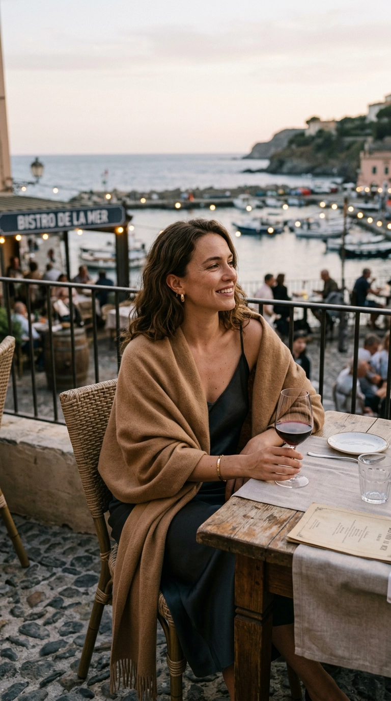 photorealistic luxury editorial fashion street style, shot on 35mm lens, highly detailed, ultra-realistic, soft natural lighting, editorial aesthetic. A woman sitting at an outdoor seaside bistro at dusk, draped in a high-quality cashmere wrap over her shoulders. No text. --ar 9:16