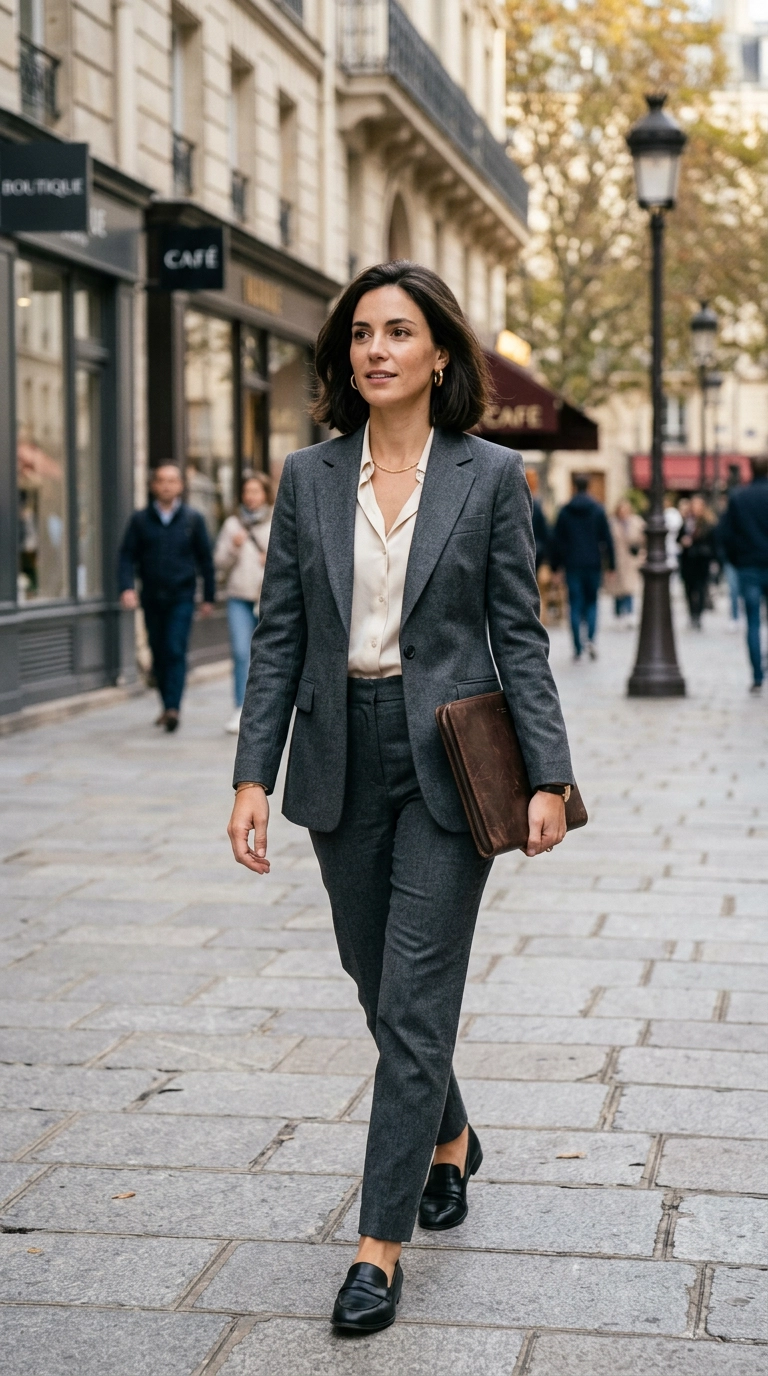 A sophisticated woman wearing a charcoal grey tailored blazer and matching trousers, minimalist gold earrings, holding a leather portfolio, photorealistic luxury editorial fashion street style, shot on 35mm lens, highly detailed, ultra-realistic, soft natural lighting, editorial aesthetic, no text, no typography --ar 9:16