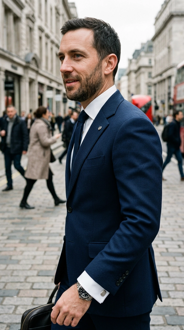 Close-up of a perfectly tailored navy suit jacket on a professional man, visible texture of the wool fabric, crisp white shirt cuff showing, photorealistic luxury editorial fashion street style, shot on 35mm lens, highly detailed, ultra-realistic, soft natural lighting, editorial aesthetic, no text, no typography --ar 9:16