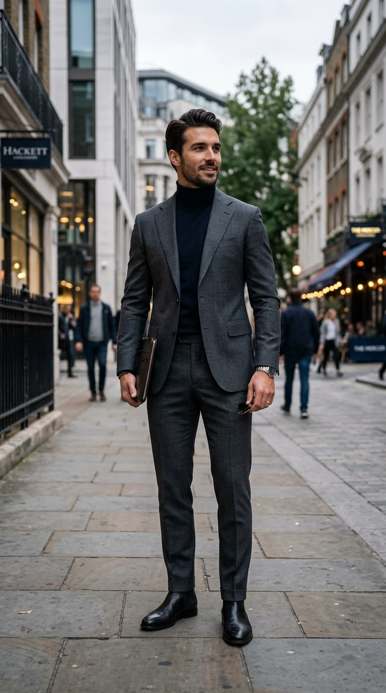 A stylish man in a modern slim-fit charcoal suit with a subtle pattern, standing against an urban backdrop, photorealistic luxury editorial fashion street style, shot on 35mm lens, highly detailed, ultra-realistic, soft natural lighting, editorial aesthetic, no text, no typography --ar 9:16