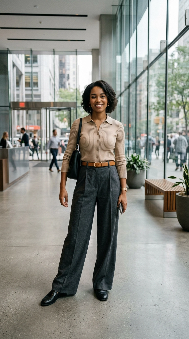 A chic professional wearing a beige knit polo tucked into high-waisted wide-leg trousers, standing in a modern glass office lobby, photorealistic luxury editorial fashion street style, shot on 35mm lens, highly detailed, ultra-realistic, soft natural lighting, editorial aesthetic, no text, no typography --ar 9:16