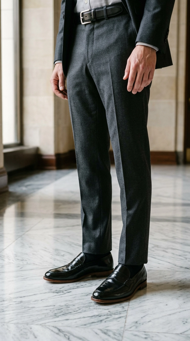 Detail shot of polished black leather loafers and a matching leather belt, standing on a clean marble floor, photorealistic luxury editorial fashion street style, shot on 35mm lens, highly detailed, ultra-realistic, soft natural lighting, editorial aesthetic, no text, no typography --ar 9:16