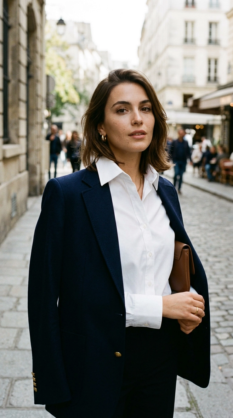 photorealistic luxury editorial fashion street style, shot on 35mm lens, highly detailed, ultra-realistic, soft natural lighting, editorial aesthetic. A close-up shot of a woman in a crisp, ironed white poplin shirt with a structured navy blazer over her shoulders. The fabric looks expensive and perfectly pressed. No text or typography. --ar 9:16