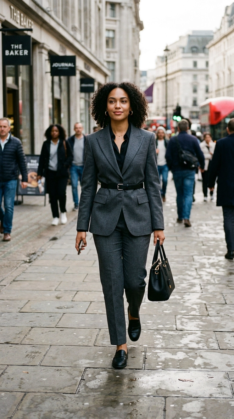 photorealistic luxury editorial fashion street style, shot on 35mm lens, highly detailed, ultra-realistic, soft natural lighting, editorial aesthetic. A woman wearing a perfectly tailored charcoal grey power suit with sharp shoulders and a defined waistline. She is standing confidently on a city sidewalk. No text or typography. --ar 9:16