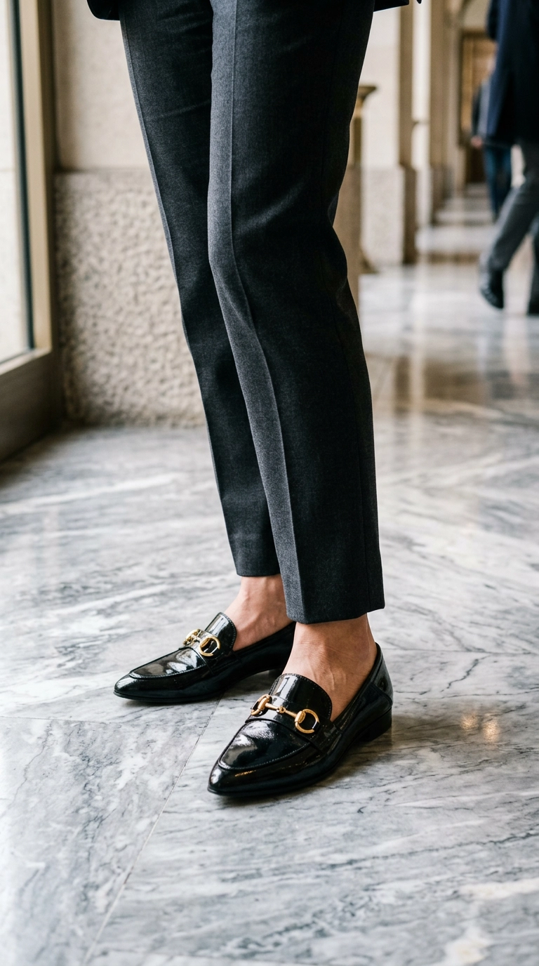 photorealistic luxury editorial fashion street style, shot on 35mm lens, highly detailed, ultra-realistic, soft natural lighting, editorial aesthetic. A shot from the knees down showing a woman wearing polished black pointed-toe leather loafers with gold hardware. She is standing on a clean marble floor. No text or typography. --ar 9:16