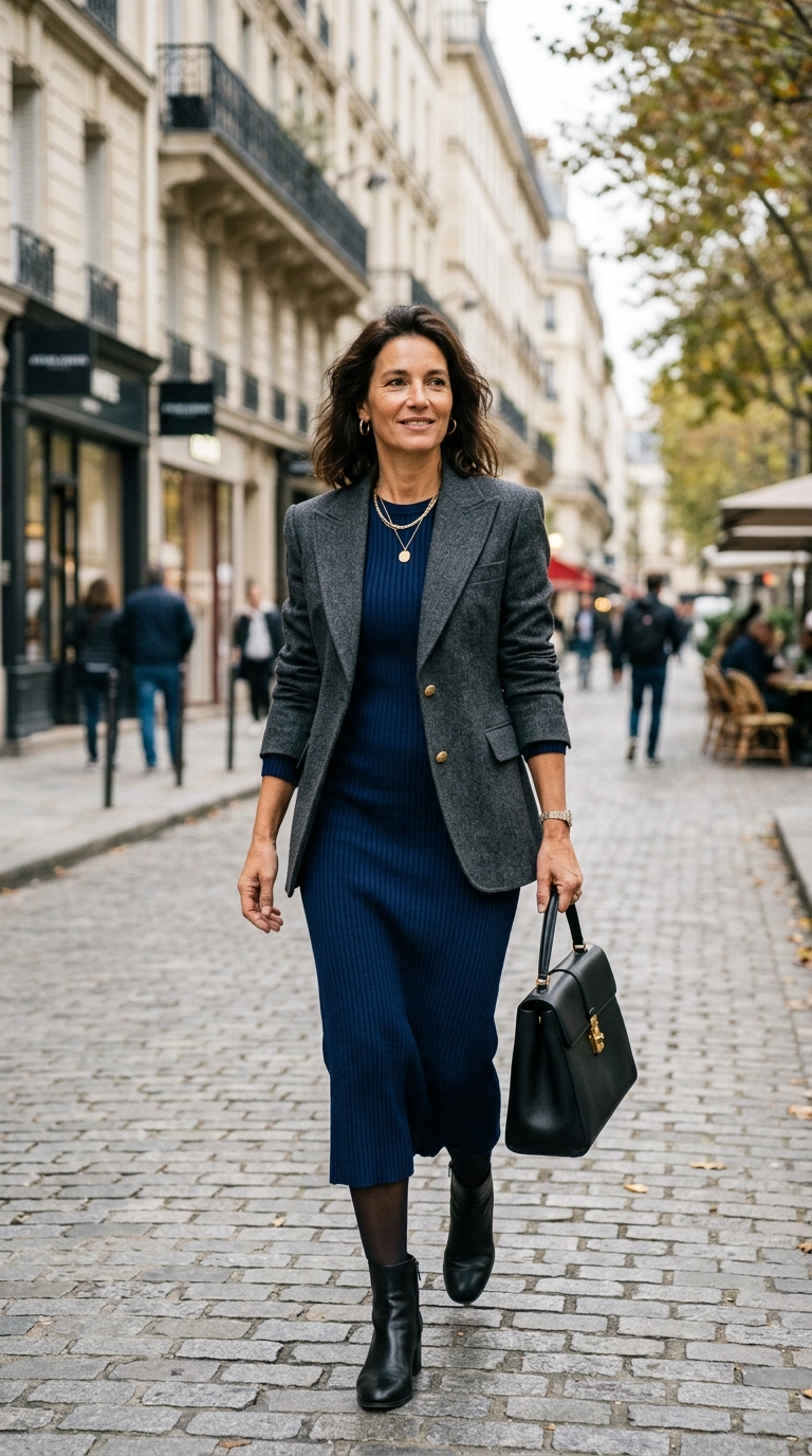 photorealistic luxury editorial fashion street style, shot on 35mm lens, highly detailed, ultra-realistic, soft natural lighting, editorial aesthetic. A woman wearing a high-density navy blue knit dress with a structured blazer. The fabric is opaque and rich in texture. No text or typography. --ar 9:16